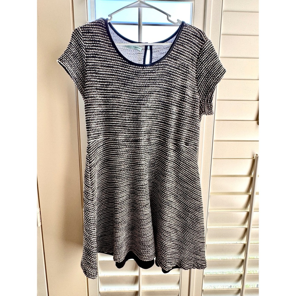 Maurices Black White Tweed Skater Dress Faux Leather Trim Short Sleeve Large